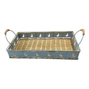 Vintage Blue Metal & Wicker Tray – Duck Cutout Handles – 1980s
